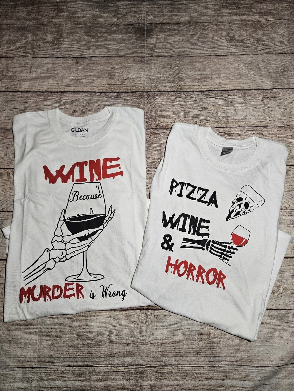 Handmade horror wine pizza graphic tee shirts